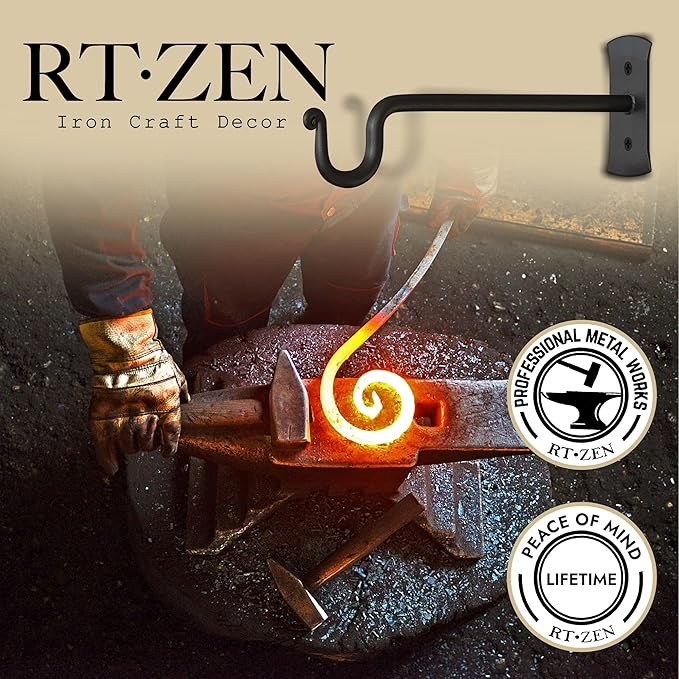 RTZEN Plant Hangers Indoor or Outdoor - Wrought Iron Metal Hanger Indoor Hook - Heavy Duty Wall Bracket Hooks for Hanging Plants Baskets Lanterns Wind Chimes - 2 Pack (Black Shepherds Hooks 7.5") RTZEN