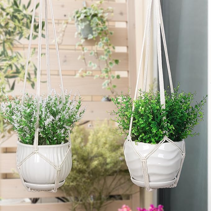 YIBOT Macrame Plant Hanger Indoor Set of 2 with 2 S Hooks, Indoor Outdoor Hanging Planter for Plants Holder with Decorative No Tassels, Boho Home Decor, 35 Inch, Ivory (Pots Not Included) YIBOT