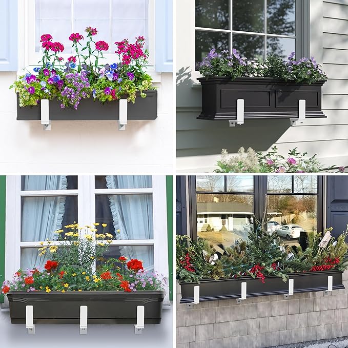 Y&M 6 Pack Adjustable Planter Brackets (6 to 12.5 in), Universal Window Box Brackets, Heavy Duty Iron Flower Box Wall Mounting Hooks for Balcony, Fences, Patio, and Garden - White YM