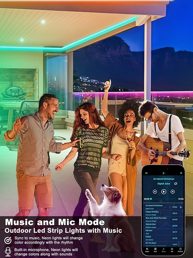 Outdoor Led Strip Lights Waterproof 50ft (1 Roll), Ip65 Outside Led Light Strip Waterproof with Remote and App Control, Exterior Led Rope Lights Music Syne RGB Strip Lights for Bedroom Decor Ledagic