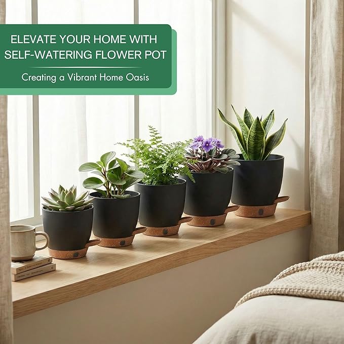 montresor 5-Pack Self-Watering Plastic Plant Pots 5/5.5/6/6.5/7 Inch– Black Indoor Flower Pots with Wick & Water Tray for Herbs, Succulents, Seedlings, Small Plants Montresor