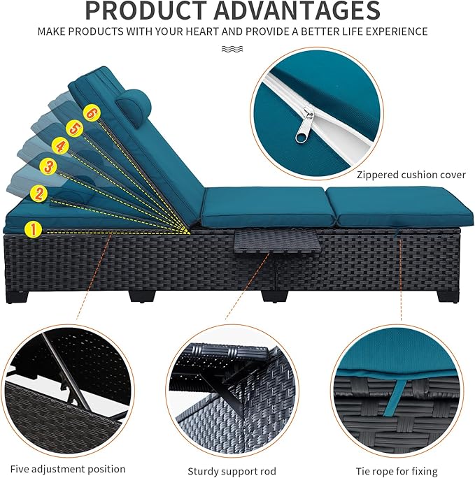 WAROOM Outdoor Chaise Lounge Chairs for Outside Patio Furniture Set of 2 Wicker Recliner Black Rattan Sunbathing Lounger Adjustable Backrest Pool Reclining Chair, Peacock Blue Cushion WAROOM