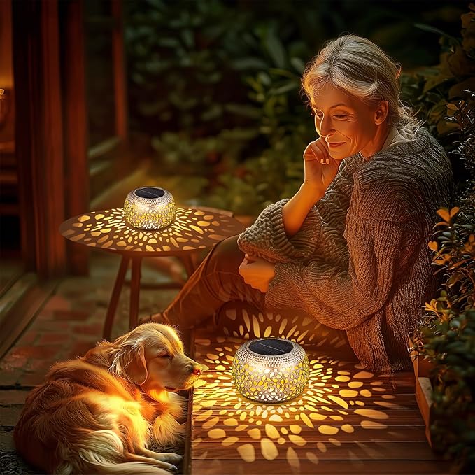 Solar Lanterns Outdoor Waterproof: 2 Pack White Gold Hollow Out Metal Solar Lights - 2 Lighting Colors Outside Patio Garden Yard Porch Tabletop Decorations - Unique Gifts for Women Mom Wife NFEVER