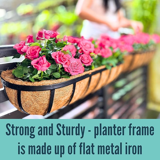 LaLaGreen Railing Planters Box (2 Pack, 30") Black Metal Large Rectangular Window Flower Box with Coco Liner, Wall Hanging Planter for Outdoor Plants Deck Rail Horse Troughs Fence Balcony Porch Garden L%C3%A1L%C3%A1Green