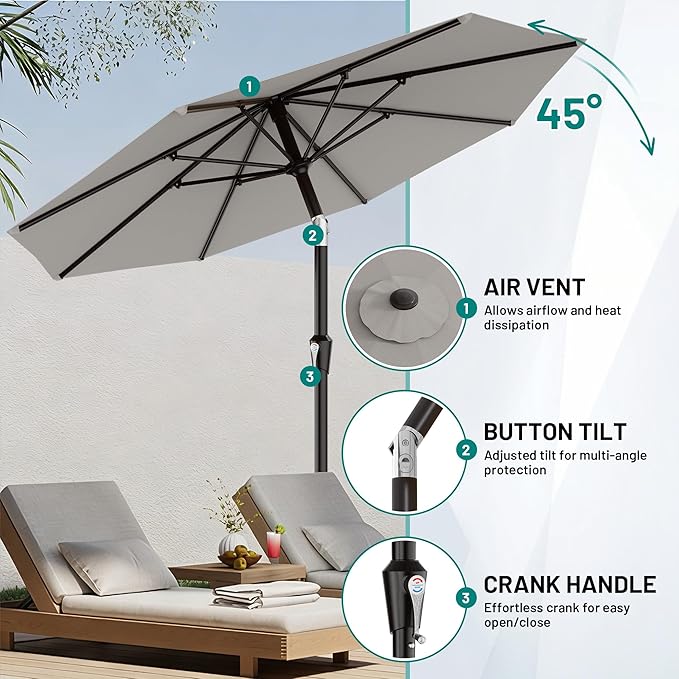 AreShark 9 FT Patio Umbrella for Outdoor, Outdoor Table Umbrella with Push Button Tilt and Crank, Outdoor Patio Umbrellas with 8 Sturdy Ribs for Market, Garden, Pool (Light Gray) Rootora