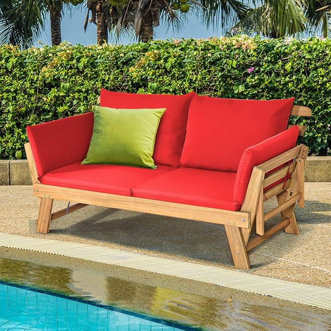 Tangkula Convertible Acacia Wood Patio Couch Sofa Bed with Adjustable Armrest, Outdoor Daybed with Cushion & Pillows, Outside Folding Futon Sofa Couch Bench for Porch, Courtyard, Poolside & Garden TANGKULA