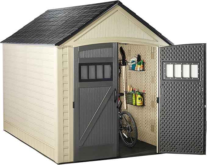 Rubbermaid Resin Outdoor Storage Shed With Floor (7 x 10.5 Ft) Weather Resistant, Brown Gable, Organization for Home/Backyard/Garden Tools/Lawn Mower/Bike Storage/Pool Supplies