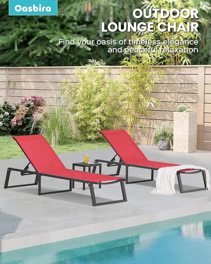Aluminum Chaise Lounge Chair Outdoor, Foldable & Assembly Free Patio Pool Lounge Chairs 5-Position Recliner for Outside Poolside, Fully Grounded Legs Sun Lounger for Beach, Yard, Red Oasbira