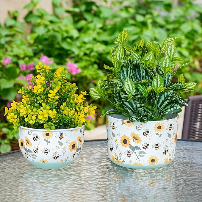 Butterfly & Bee Metal Planters Set of 2 – Decorative Flower Pots with Colorful Garden Prints, Outdoor & Indoor Use Cute Spring Floral Design for Patio, Balcony, Home Decor (Bee) JointHonglin