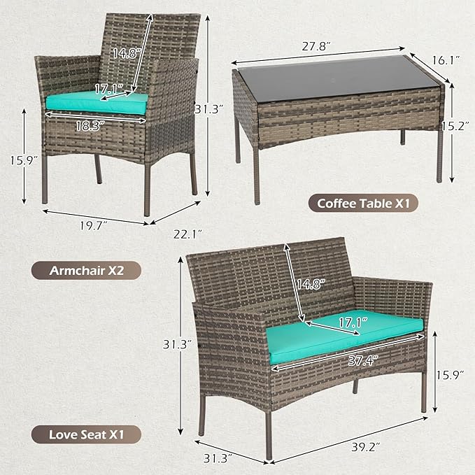 FDW | 4-Piece Patio Furniture Set | Gray & Blue | Outdoor Wicker Furniture with Coffee Table | Modern Rattan Chairs Conversation Set | Outdoor Seating | Weather-Resistant | for Porch, Garden, Lawn FDW