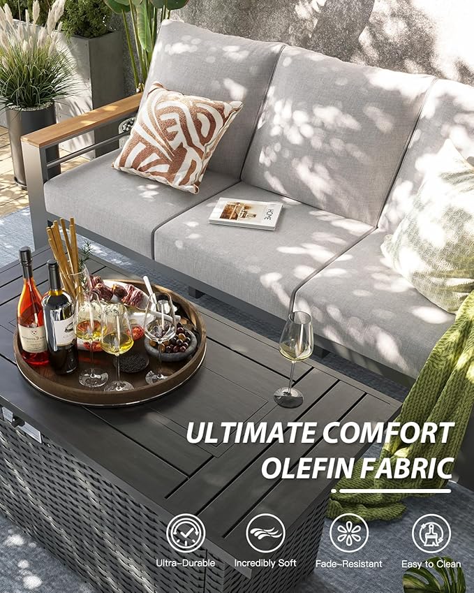 Aoxun Aluminum Outdoor Patio Furniture Set, 5-Piece Outdoor Sectional with 44'' Propane Gas Firepit Table, Patio Conversation Sets with Upgraded Armrests and Cushions for Backyard (Grey,4 Seats) Aoxun