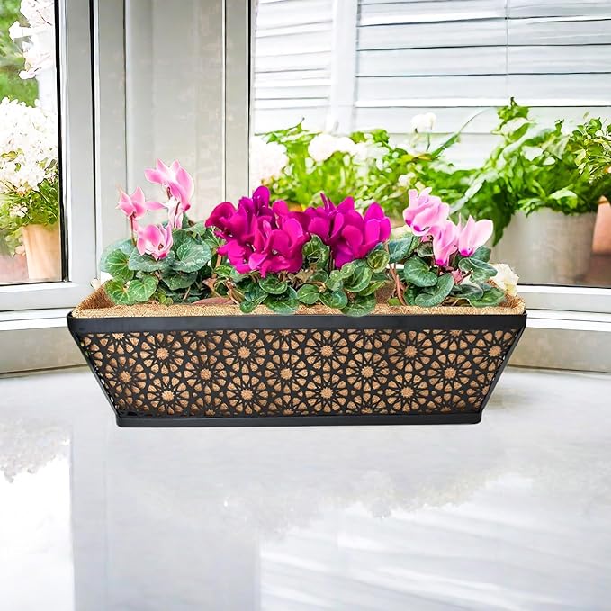 2 Pack 30" Railing Planter Window Box Deck Balcony Rail Planters Black Metal Flower Basket Horse Trough Planter with Coco Fiber Liner for Porch Fence Patio Outdoor EIMQUVW