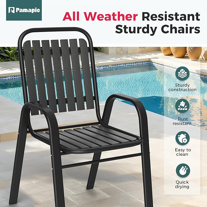 Pamapic Outdoor Dining Sets for 6, Rectangular Steel Slat Table with 6 Plastic Chairs, 7 Piece Patio Table and Chairs Set with Adjustable Umbrella Hole for Garden, Backyard, Poolside (Black) Pamapic