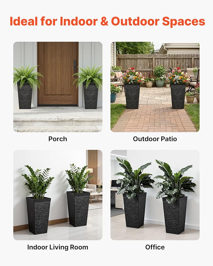 VEVOR Set of 2 Tall Planters for Outdoor Plants 23 inch, Black Tall Planter for Indoor Plants, Modern Planters for Front Porch Patio Balcony, Plant Container Flower Pots with Built-in Drainage VEVOR