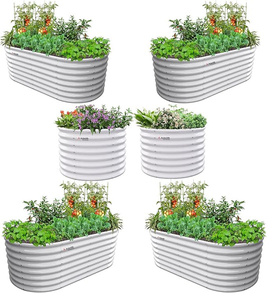 A ANLEOLIFE Set of 6 24 Inch Tall Antique White Raised Garden Beds Kit, Oval & Round Metal Planters – Ideal for Backyard Vegetables Flowers Herbs AAnleolife