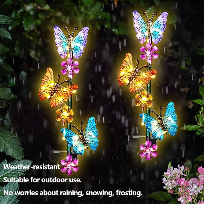 Solar Lights Outdoor Waterproof Garden Butterfly Light Decorative Solar Stake Lights with Butterflies Decor for Garden Yard Lawn Patio Pathway(2 Pack) YHSOLAR