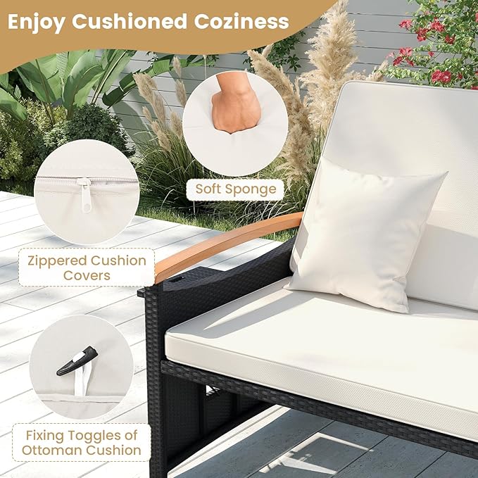 Tangkula Patio Rattan Daybed with 4-Level Adjustable Backrest, Outdoor Wicker Loveseat with Acacia Wood Armrest, Storage Ottoman & Folding Tray, Double Sunbed for Yard & Poolside (White & Black) TANGKULA