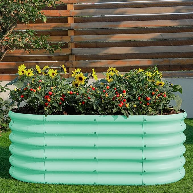 Land Guard 18“ Tall 4×2ft Galvanized Raised Garden Bed Kit, Galvanized Planter Garden Boxes Outdoor, Oval Large Metal Raised Garden Bed for Vegetables……… (Lime Green, 4×2×1.5ft) LandGuard