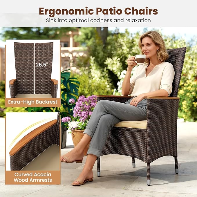 Tangkula 7 Pieces Rattan Outdoor Dining Set for 6, Outdoor Acacia Wood Table Set with 6 Cushioned Wicker Chairs, Umbrella Hole, Patio Dining Furniture Set for Deck Pool Backyard TANGKULA