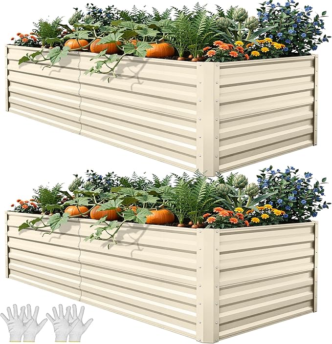 YITAHOME 6x3x2ft 2pcs Large Raised Garden Bed Kit, Galvanized Metal Planter Box with Gloves, Support Rod, Outdoor Above Ground Planters for Plants Vegetables Flowers, Cream Yellow YITAHOME