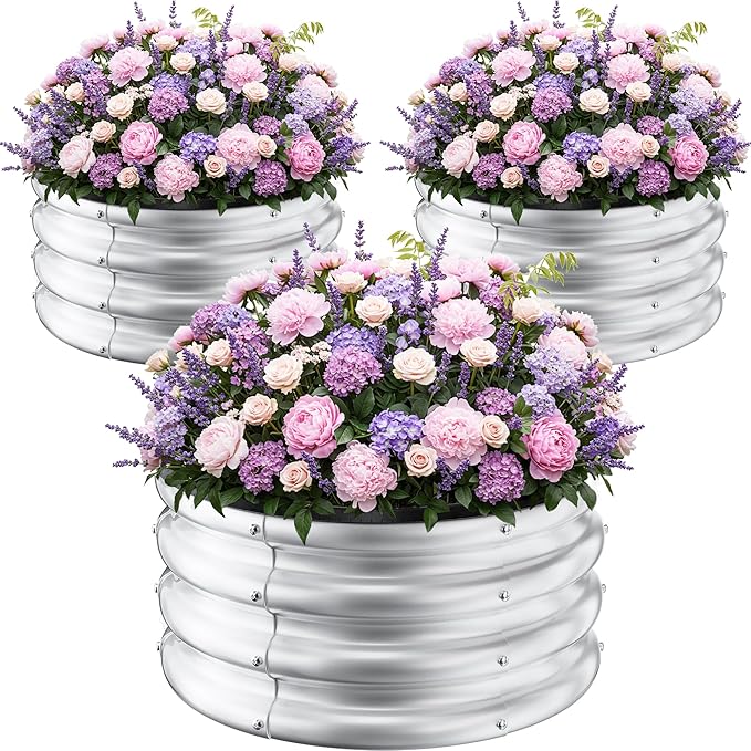 ZXZYHFTY Round Galvanized Raised Garden Bed kit,Silver Outdoor Garden Raised Planter Box, Round Large Metal Raised Garden Beds for Vegetable 2 * 2 * 1ft 3 Pcs ZXZYHFTY