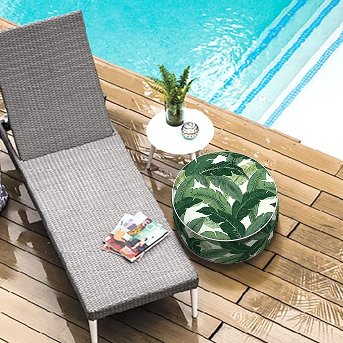 LVTXIII Outdoor/Indoor Round Inflatable Ottoman, All Weather Patio Footstool, Portable Footrest Seat for Patio Garden, Camping or Home, 21"x21"x9", Swaying Palms Green LVTXIII