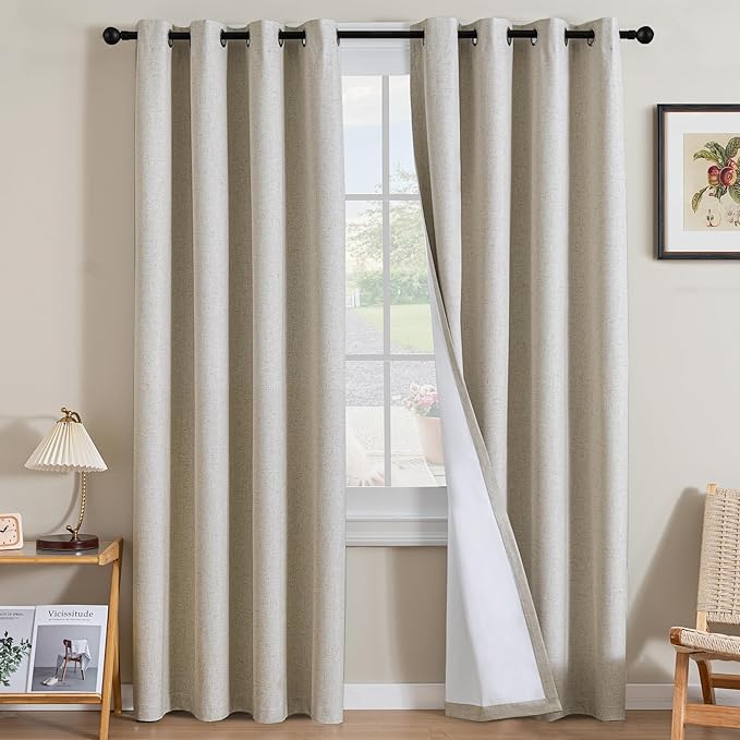H.VERSAILTEX Linen Curtains 100% Blackout Curtains for Bedroom 108 inch Long Full Light Blocking Nature Linen Blended Window Curtains for Living Room Nickel Grommet (2 Panels, Heathered Linen) HVERSAILTEX