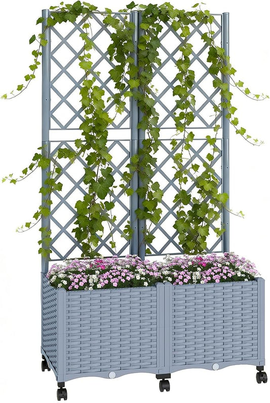 Outsunny Planter Box with Trellis, Self Watering Raised Garden Bed with Lockable Wheels, 56.3" Trellis Privacy Planter with Drainage Holes for Climbing Plants, Vines, Vegetables, Flowers, Gray Outsunny