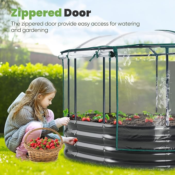 KING BIRD Raised Garden Bed with Cover Galvanized Oval Planter Garden Box Outdoor for Gardening, Vegetables, Flowers 47.2x35.4x11.8 in, Clear KINGBIRD