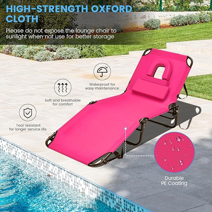 GYMAX Tanning Chair, 350lbs Beach Lounge Chair with Face Hole, Washable Pillow & Carry Strap, Adjustable Folding Chaise Lounge, Layout Chair for Outside, Patio, Poolside, Lawn (1, Pink) GYMAX