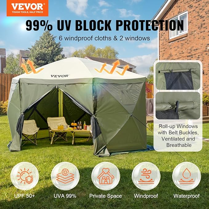 VEVOR 12x12ft Pop Up Gazebo Tent with Mosquito Netting, 6 Removable Wind Panels & 2 Mesh Windows, Outdoor Canopy Shelter for Patio, Army Green VEVOR