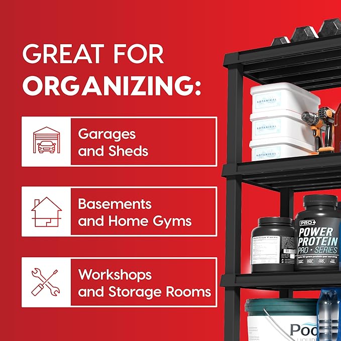 IRIS USA 5-Shelf Heavy Duty Plastic Storage Shelves, 750lb Capacity, 68" H x 36" W x 18" D, Large Modular Shelving Unit Storage Organizer for Garage, Home, Warehouse & Gym, Storage Rack - Black IRISUSA
