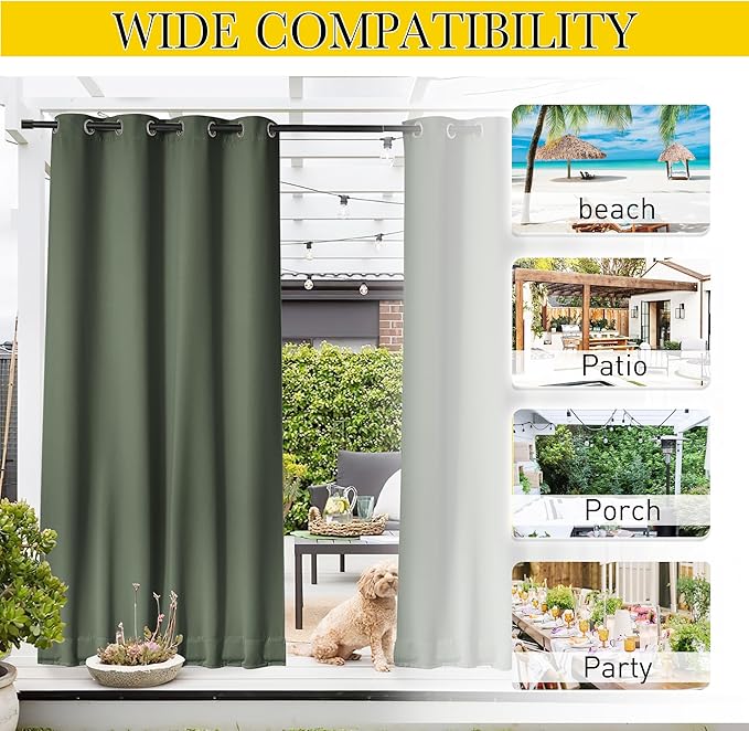 NICETOWN 2 Panels Weighted Blackout Outdoor Curtains for Patio Waterproof, Grommet & Back Tab on top and Bottom Windproof Privacy Thermal Drapes for Cabana with Fixed Rope, W52 x L95, Greyish Green NICETOWN