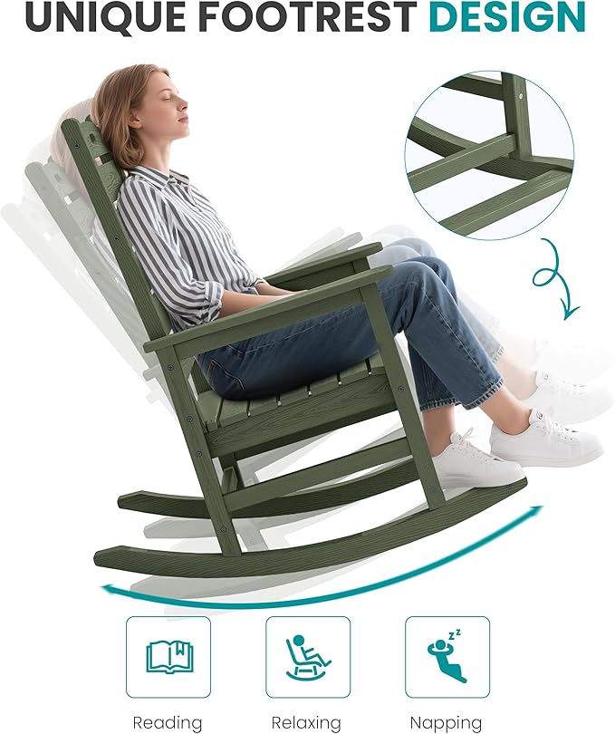 SERWALL Outdoor Rocking Chair Set of 4, Oversized HDPE Patio Rocking Chair with Footrest for Adults, All Weather Porch Rocker for Deck Patio Balcony, Avocado Green SERWALL