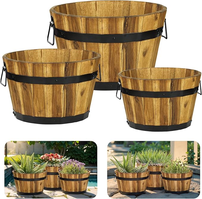 Idzo Set of 3 Wooden Flower Planters for Outdoor Plants, Acacia Wood Barrel Planters, Ergonomic Handles, Drainage Holes, Various Sizes, Golden Teak Idzo