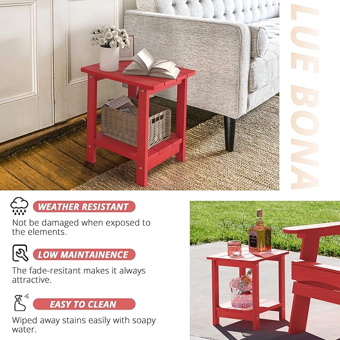 LUE BONA Adirondack Outdoor Side Table, 2-Tier Bright Red HDPS Patio End Table Weather Resistant, Morden Side Table for Patio, Pool, Porch LUEBONA