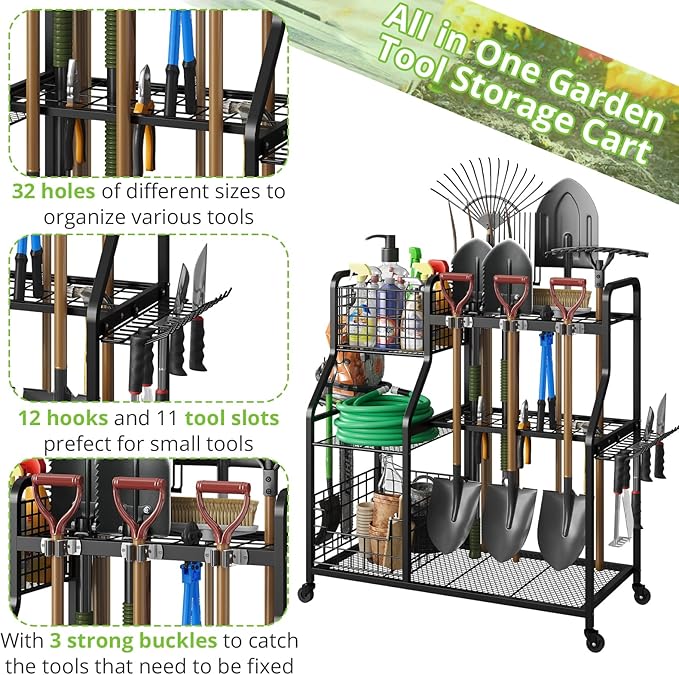keomaisyto Garden Tool Organizer with Heavy Duty Wheels for Garage - with 2 Baskets, Large Yard Tool Organizer and Storage Holder, Utility Garden Tool Rack for/Shed/Garage/Yard/Basement/Lawn keomaisyto