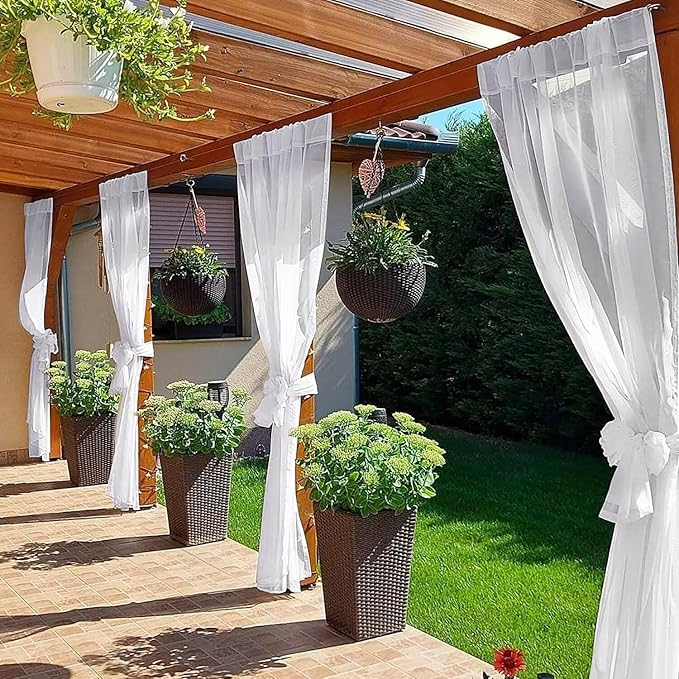 SpaceDresser Waterproof Outdoor Sheer Curtains for Patio - 2 Panels Rod Pocket Indoor Voile Sheer Curtain for Living Room,100W x 84L inch, White SpaceDresser