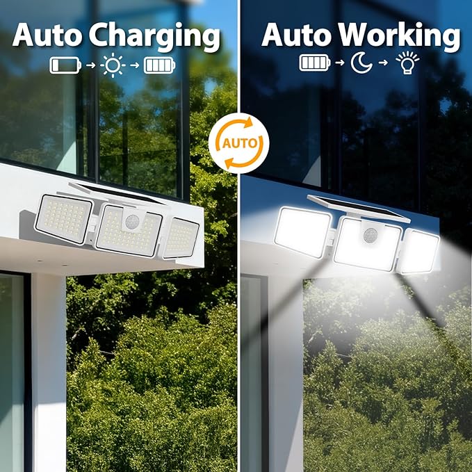 INCX 156 LED Solar Motion Lights Outdoor 2 Pack, 3 Heads Solar Security Lights with Motion Sensor IP65 Waterproof, Flood Lights for Wall, Patio, Garden, Porch, Garage White INCX