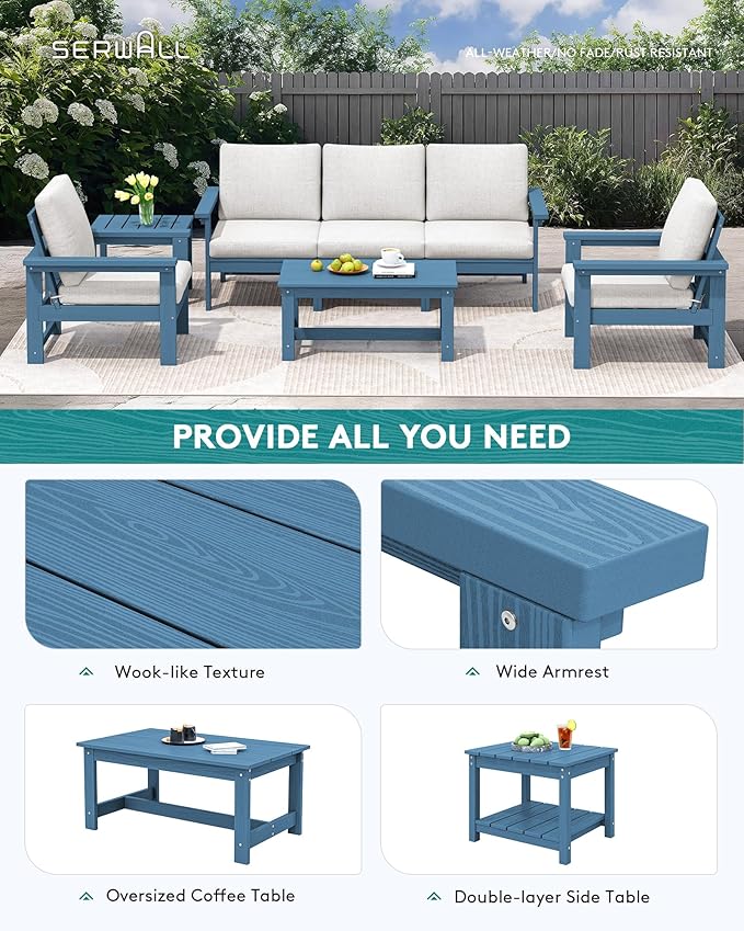SERWALL HDPE Patio Furniture Set, 7-piece Outdoor Sectional Sofa Set, All Weather Outdoor Couch Set for Deck, Lawn, Blue Frame with Khaki Cushion SERWALL