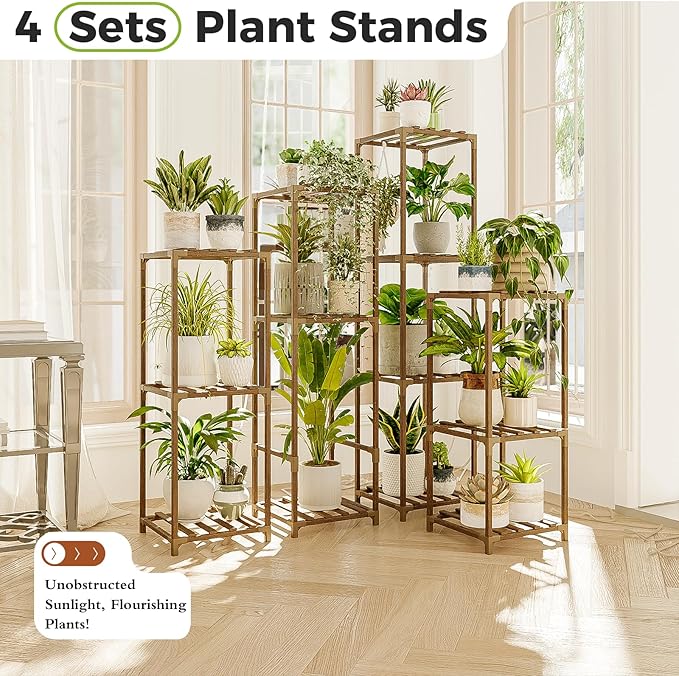 Bamworld 4 Sets Tall Plant Stands Indoor Outdoor Combo Plant Shelves Wooden Plant Holder Rack for Multiple Plants Flower Stands for Living Room Balcony Garden Patio Lawn Window Bamworld