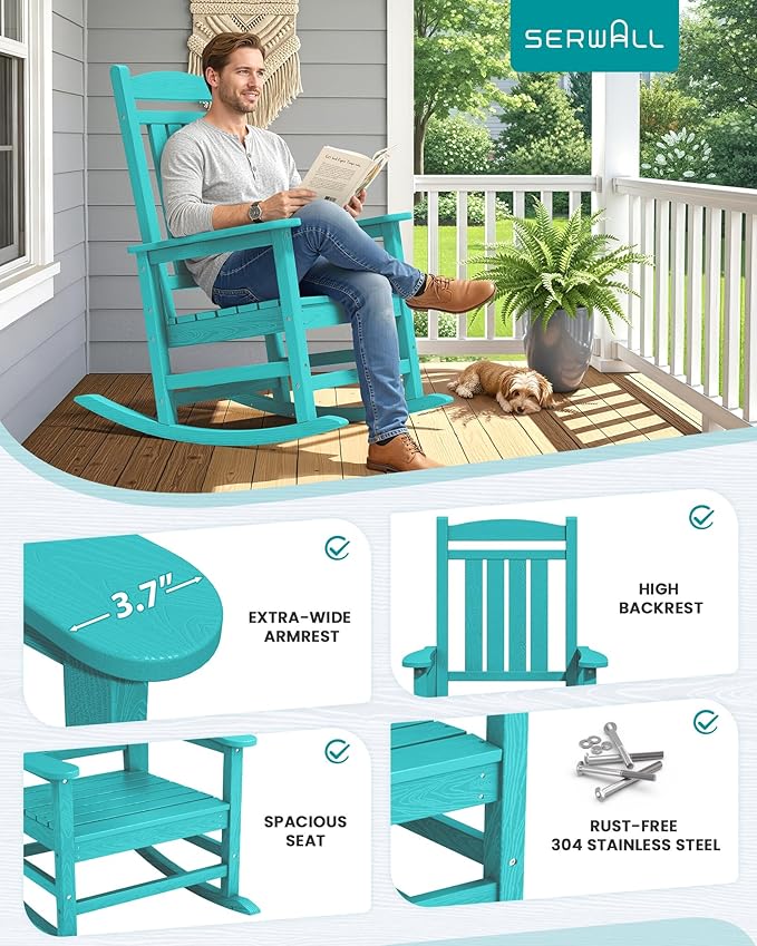 SERWALL Oversized Outdoor Rocking Chair, All-Weather Patio Rocking Chair, HDPE Porch Rocker for Adults, Aruba Blue SERWALL