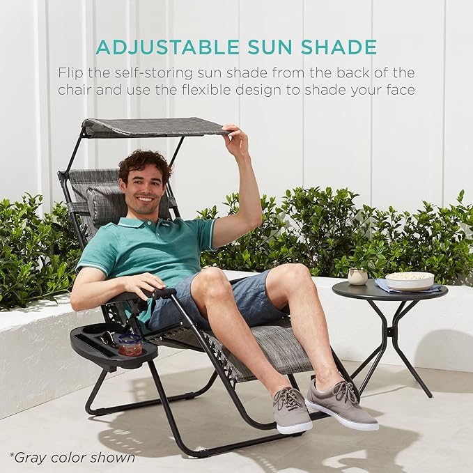 Best Choice Products Folding Zero Gravity Outdoor Recliner Patio Lounge Chair w/Adjustable Canopy Shade, Headrest, Side Accessory Tray, Textilene Mesh - Brown BestChoiceProducts