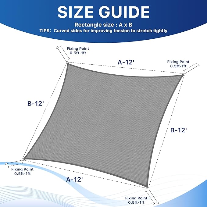 12'x12' Sun Shade Sail, UV Protection Outdoor Shade, Curved Tear Resistant Heavy Duty Sun Shade for Patio Garden, Backyard, Deck, Car Port, Playground, (Grey) RoomHacks