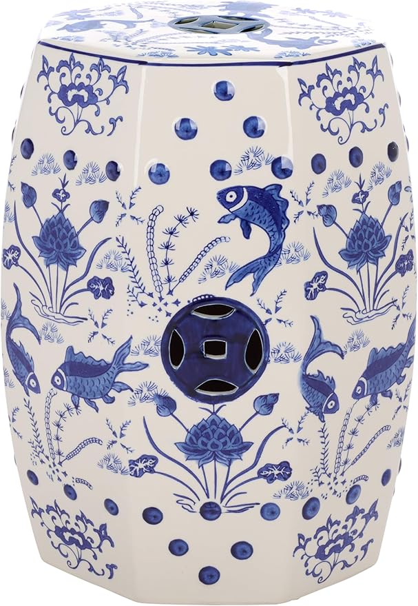 Safavieh Castle Gardens Collection Glazed Ceramic Blue Cloud 9 Chinoiserie Garden Stool SAFAVIEH