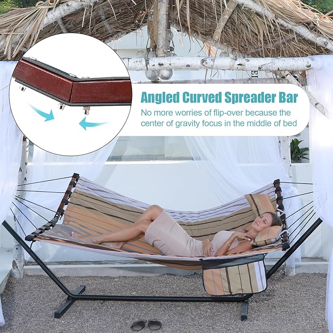 TegerDeger 12FT 2 Person Hammock Large Hammock 450LB Capacity with V Shaped Hardwood Spreader Bar & Nylon Rope for Outside, Patio, Garden, Backyard, Beach, Poolside - Fall Yellow Stripes Tegerdeger