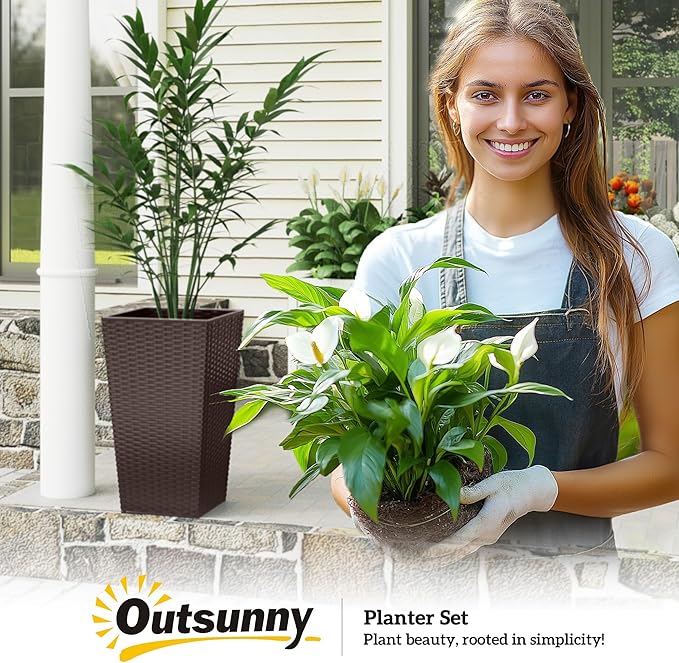 Outsunny Tall Planters for Outdoor Plants Set of 3, 24 in Taper Planters with Drainage Holes, Rattan Decor Plant Pots for Indoor Outdoor Front Porch Patio Backyard, Brown Outsunny