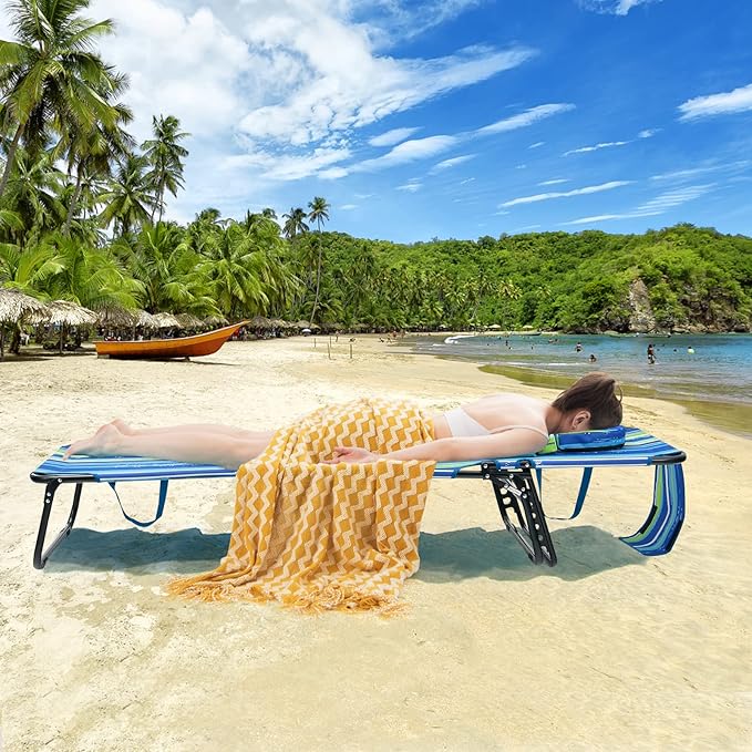 GYMAX Tanning Chair, 350lbs Beach Lounge Chair with Face Hole, Washable Pillow & Carry Strap, Adjustable Folding Chaise Lounge, Layout Lounger for Outside, Patio, Poolside, Lawn (2, Stripe) GYMAX