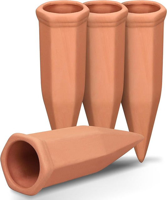 Terracotta Watering Spikes, Wine Bottle Watering Stakes, Slow Release Self Watering Planter Insert for Out | Indoor Plants, Vacation Plant Watering Devices, Automatic Plant Waterer, 4-Pack SoilaguaDirect