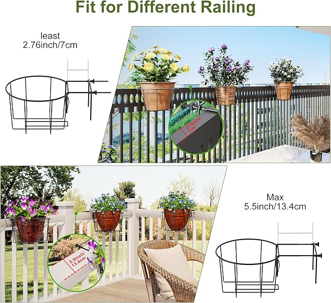 TQVAI 10 Inch Railing Planter - Fit for 3 to 5.5 Inches Railing - Adjustable Hanging Planters Outdoor Balcony Deck Flower Pot Holder Metal Baskets for Garden Orchid, Patio Ledge, 3 Pack, Black TQVAI